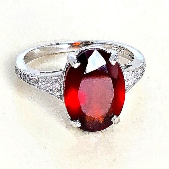 925 Sterling Silver Ring with Natural  Hessonite Garnet Gem & CZ - Picture 11 of 16